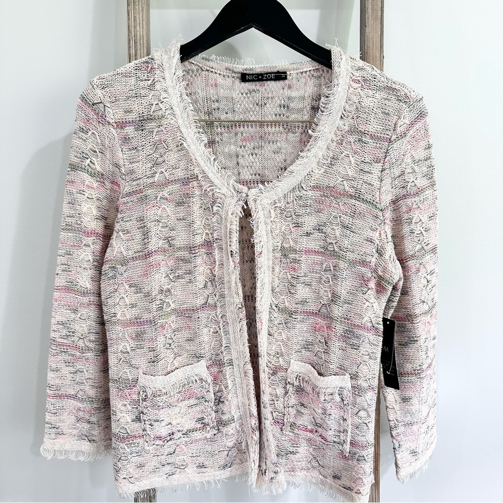 Nic + Zoe Pastel Multicolor Cardigan Sweater Linen Blend Fringe Hem NWT …